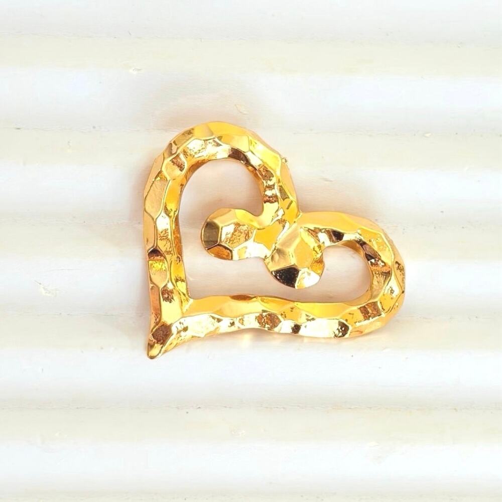 Vtg Brutalist Style Heart Pin Brooch Hammered FRANCE Gold Tone Signed Statement